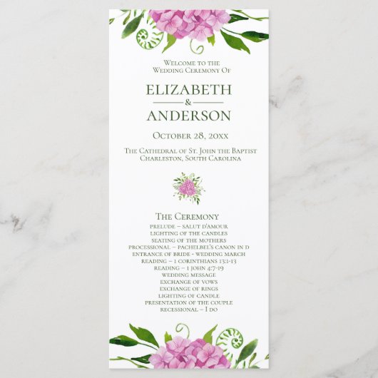 Pink Hydrangea Wedding Programm (Vorderseite)