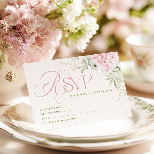 Pink Hydrangea Wedding RSVP Card Karte