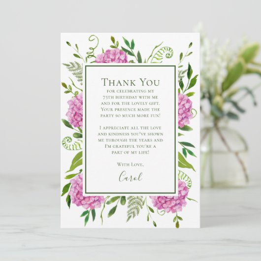 Pink Hydrangeas 75th Birthday Dankeskarte (Stehend Vorderseite)
