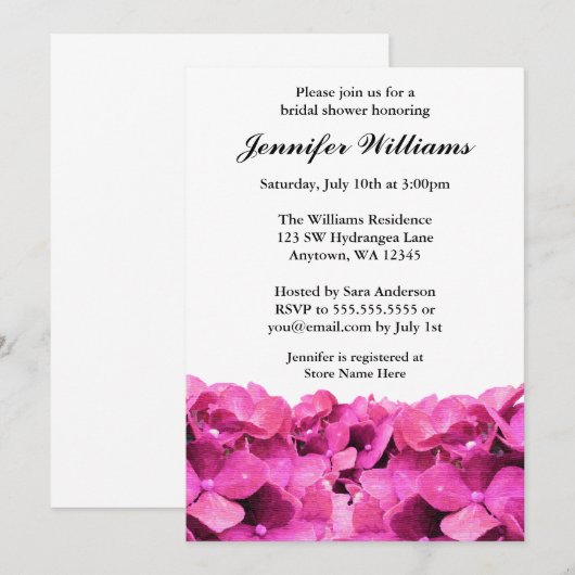 Pink Hydrangeas-Brautparty Einladung (Vorne/Hinten)