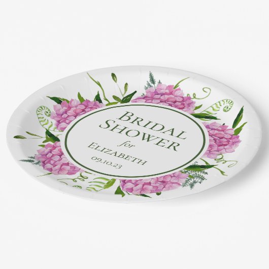 Pink Hydrangeas-Brautparty Pappteller (Schrägansicht)