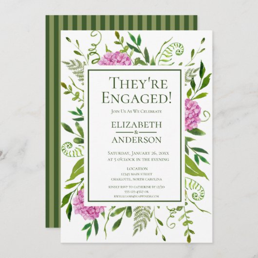 Pink Hydrangeas Floral Watercolor Engagement Party Einladung (Vorne/Hinten)