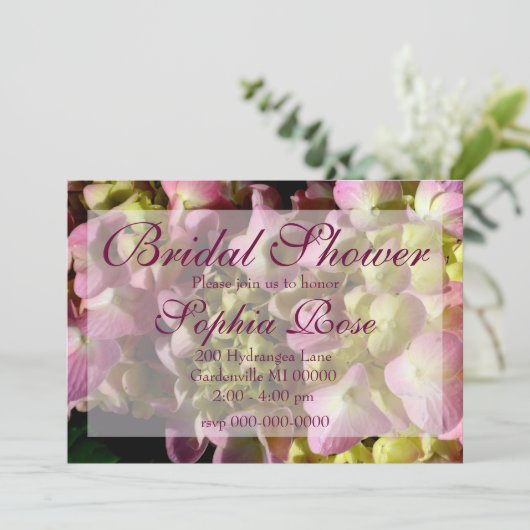 Pink Hydrangeas gelb rosa grüne Blumenzehen Einladung (Stehend Vorderseite)