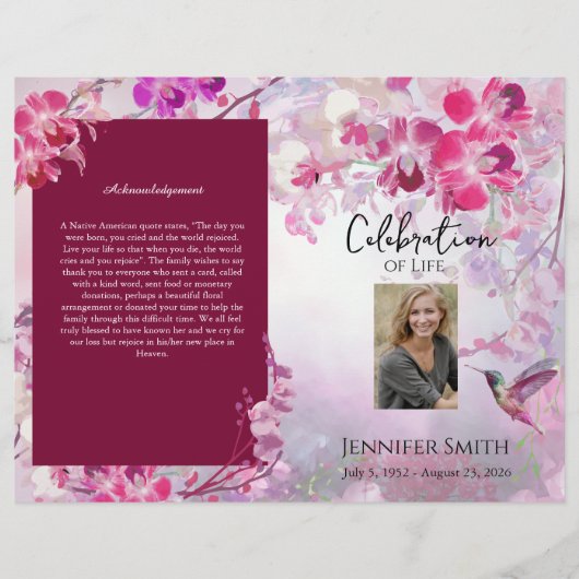 Pink Hydrangeas Hummingbird Beerdigung Programm Flyer (Vorne)
