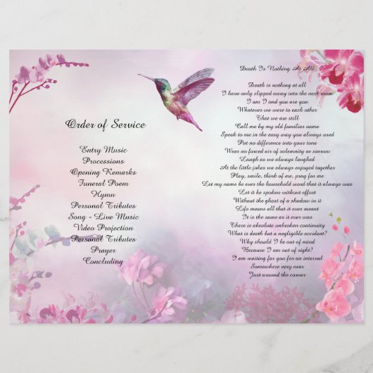 Pink Hydrangeas Hummingbird Beerdigung Programm Flyer (Hinten)