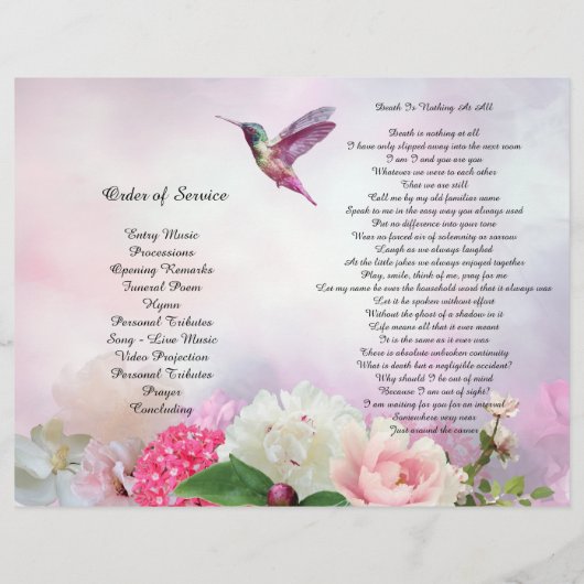 Pink Hydrangeas Hummingbird Beerdigung Programm Flyer (Hinten)
