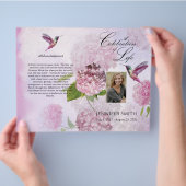 Pink Hydrangeas Hummingbird Beerdigung Programm Flyer (Hand)