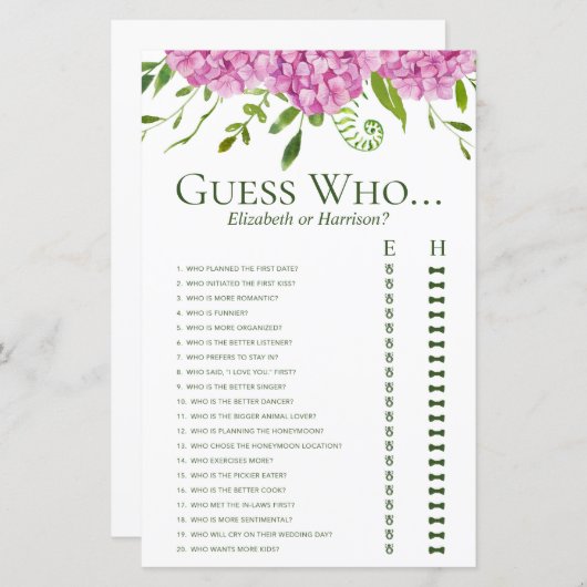 Pink Hydrangeas rät, wer Dusche Spiel (Vorne/Hinten)