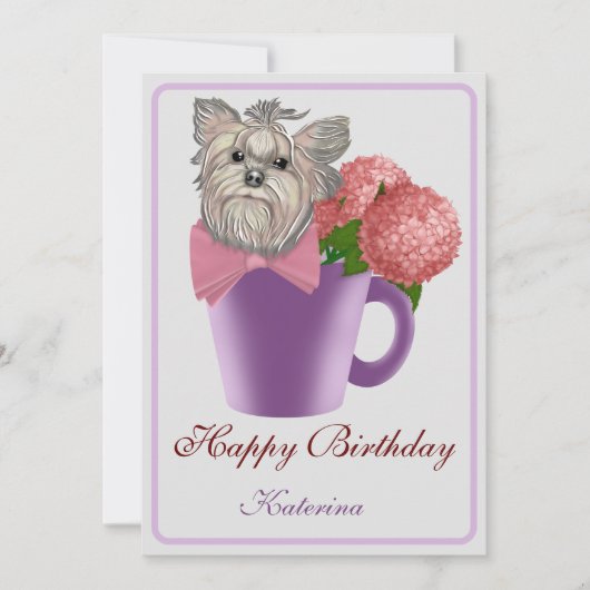 Pink Hydrangeas und Yorkshire Terrier Birthday Ankündigung (Vorderseite)