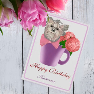Pink Hydrangeas und Yorkshire Terrier Birthday Ankündigung