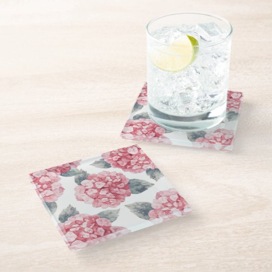 Pink Hydrangeas Watercolor Floral Blooms Painting Glasuntersetzer (Schrägansicht)