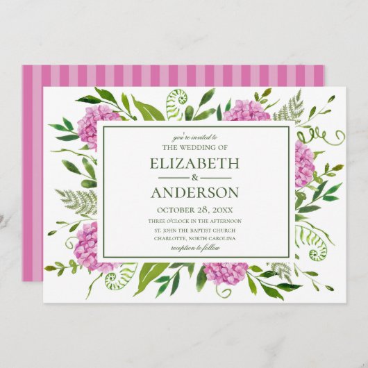 Pink Hydrangeas Wedding Einladung (Vorne/Hinten)