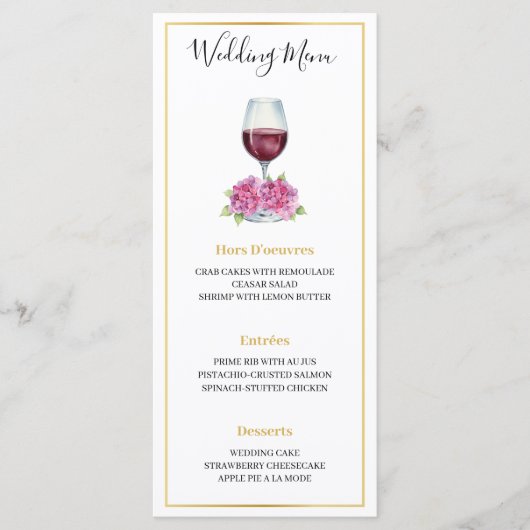Pink Hydrangeas Wine Glass Wedding Flat Menu Menükarte (Vorderseite)