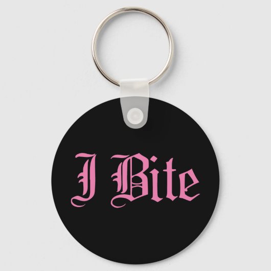 Pink "I Bite" Text Schlüsselanhänger (Vorderseite)
