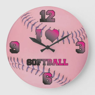 Pink I Liebe Softball Große Wanduhr
