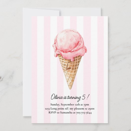 Pink Ice Cream Cone Birthday | Editable Summer Einladung (Vorderseite)