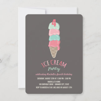 Pink Ice Cream Cone Girl 4. Geburtstag Party Einla Einladung