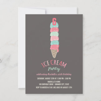 Pink Ice Cream Cone Girl 6. Geburtstagsparty Einla Einladung