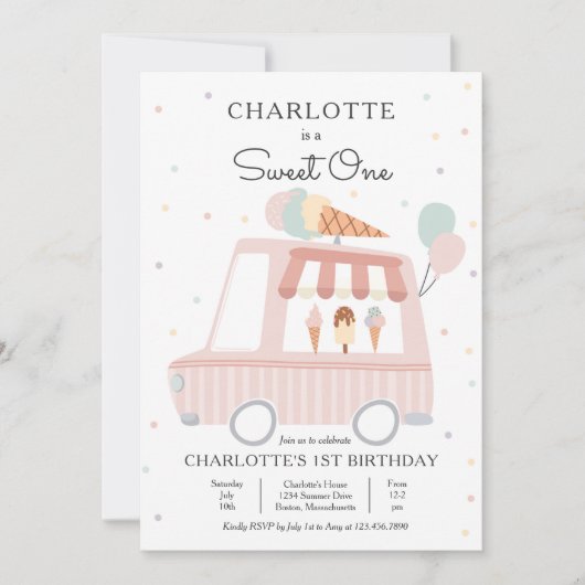 Pink Ice Cream Truck Sweet One 1st Birthday Party Einladung (Vorderseite)