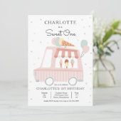 Pink Ice Cream Truck Sweet One 1st Birthday Party Einladung (Stehend Vorderseite)