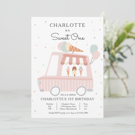Pink Ice Cream Truck Sweet One 1st Birthday Party Einladung (Stehend Vorderseite)