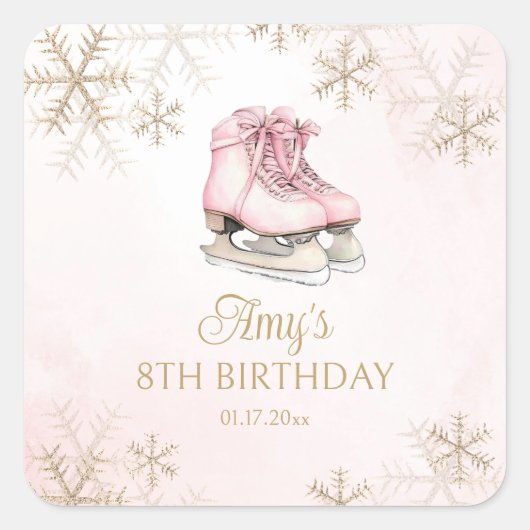 Pink Ice Skating Birthday Gold Glitter Snowflakes Quadratischer Aufkleber (Vorderseite)