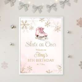 Pink Ice Skating Birthday Gold Snowflakes Welcome Poster
