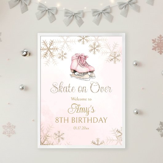 Pink Ice Skating Birthday Gold Snowflakes Welcome Poster