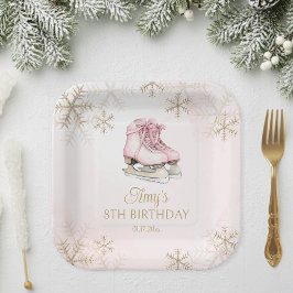 Pink Ice Skating Girl Birthday Gold Snowflakes Pappteller