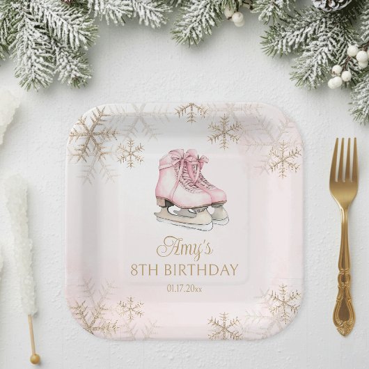 Pink Ice Skating Girl Birthday Gold Snowflakes Pappteller