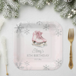 Pink Ice Skating Girl Birthday Silver Snowflakes Pappteller