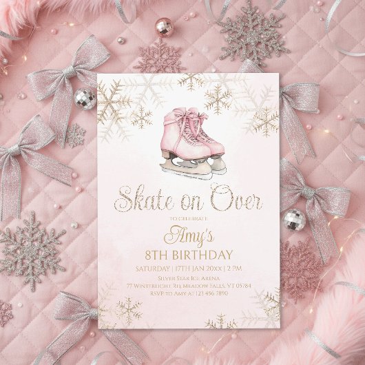 Pink Ice Skating Gold Glitter Snowflake Birthday Einladung