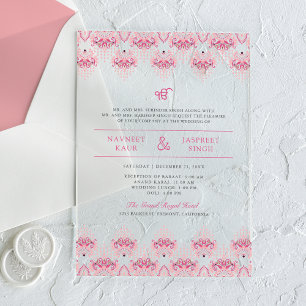 Pink Ikat Border Anand Karaj Sikh Wedding Acryleinladungen
