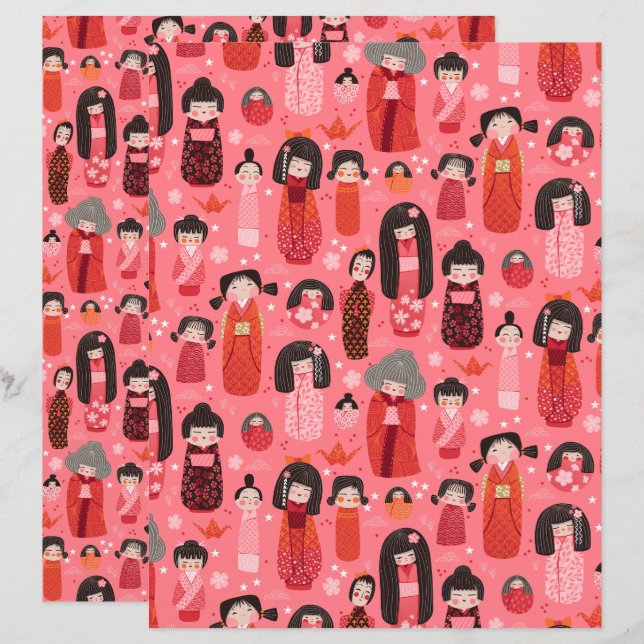 Pink Illustriert Japanisch Kokeshi Scrapbook (Vorne/Hinten)