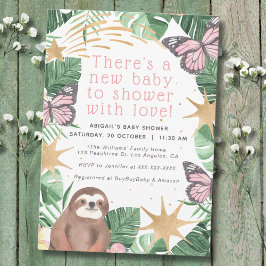 Pink Imitats Gold Sloth & Butterfly Girl Babydusch Einladung