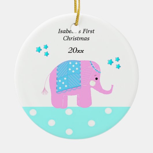 Pink Indian Elephant Baby's First Christmas Keramikornament (Vorne)