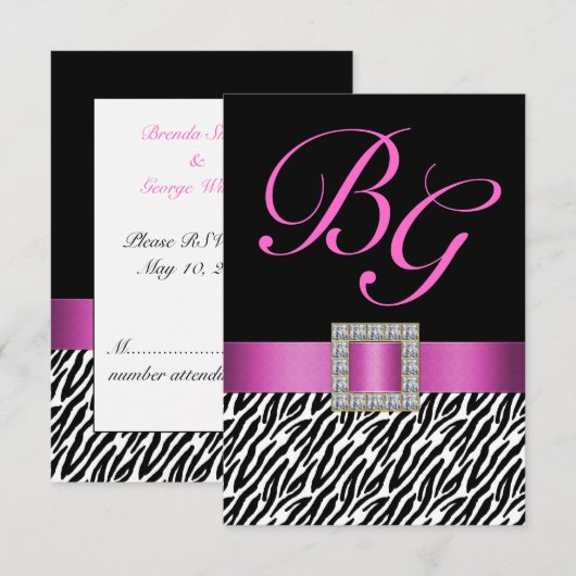 Pink Initials Zebra Stripes Wedding RSVP Karte (Vorne/Hinten)