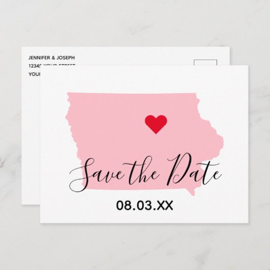 Pink Iowa Rotes Herz Save the Date Ankündigungspostkarte (Vorne/Hinten)