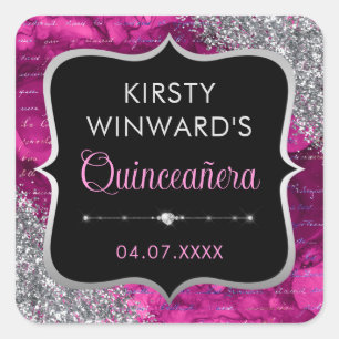 Pink Iridescent Glitzer Letters Quinceanera Quadratischer Aufkleber