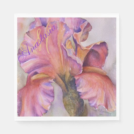 PINK IRIS HOUSEWARMING PARTY MONOGRAM SERVIETTE (Vorderseite)