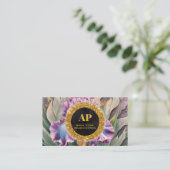 *~ Pink Iris QR AP10 Blume Gold Business Card Visitenkarte (Stehend Vorderseite)