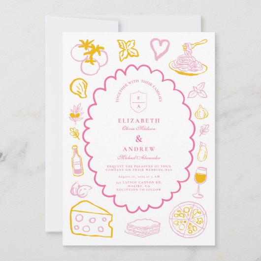 Pink Italian Food Wedding Sketch Einladung (Vorderseite)