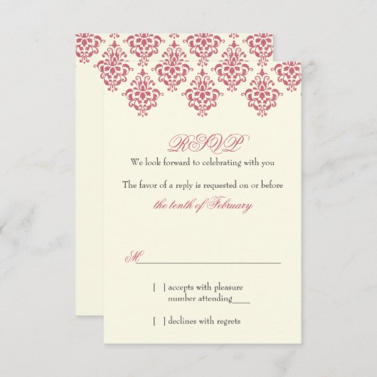 Pink Ivory Arabesque Damask Floral Wedding RSVP Einladung (Vorne/Hinten)