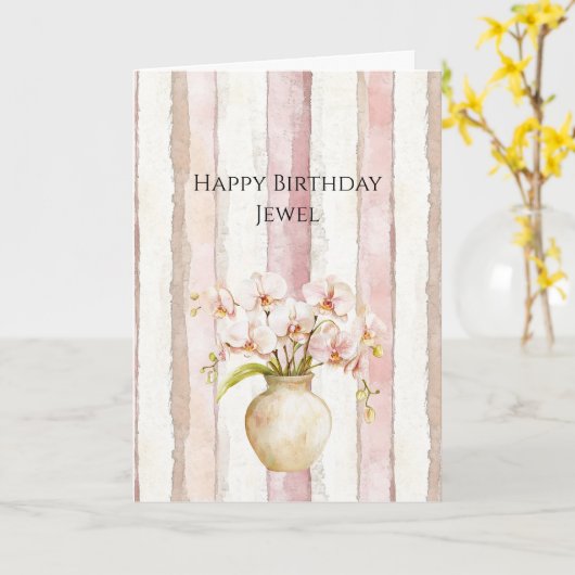 Pink Ivory Cream Stripes Pink Orchids Birthday Karte (Gelbe Blume)