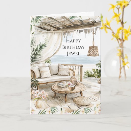 Pink Ivory Cream Stripes Pink Orchids Birthday Karte (Gelbe Blume)