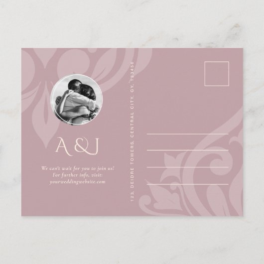 Pink Ivory Damask Foto Hochzeit speichern das Datu Ankündigungspostkarte (Rückseite)