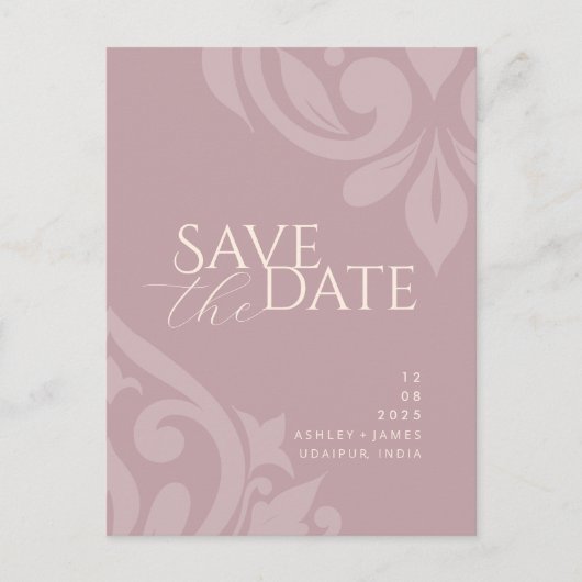 Pink Ivory Damask Foto Hochzeit speichern das Datu Ankündigungspostkarte (Vorderseite)