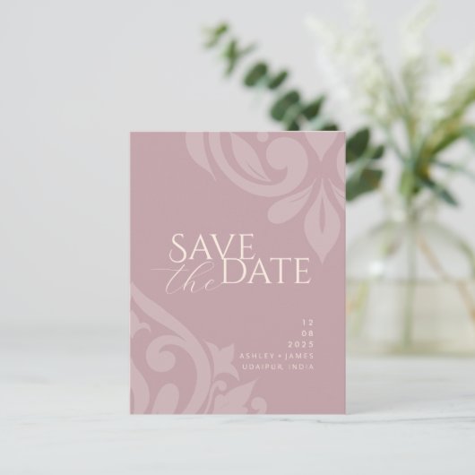Pink Ivory Damask Foto Hochzeit speichern das Datu Ankündigungspostkarte (Stehend Vorderseite)