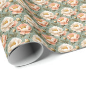 Pink & Ivory Peonies auf Grün Geschenkpapier (Rolleneckpunkt)