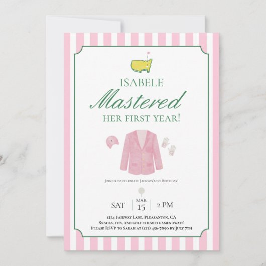 Pink Jacket Golf First Birthday Invitation Dankeskarte (Vorderseite)